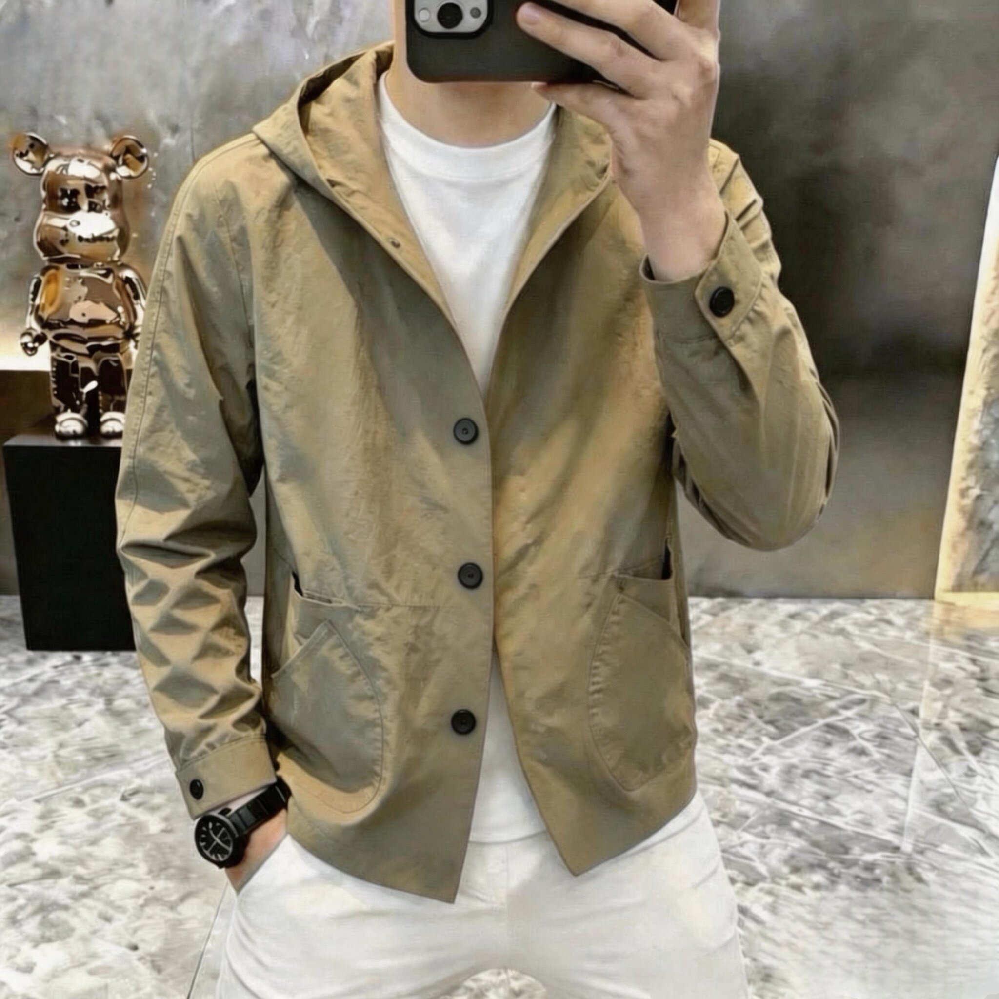 L时尚男士春秋肌理感口袋设计连帽衬衫潮牌户外休闲宽松上衣F02