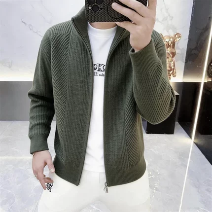高档春季立领拉链针织开衫外套男士时尚潮流百搭毛衣男装25890