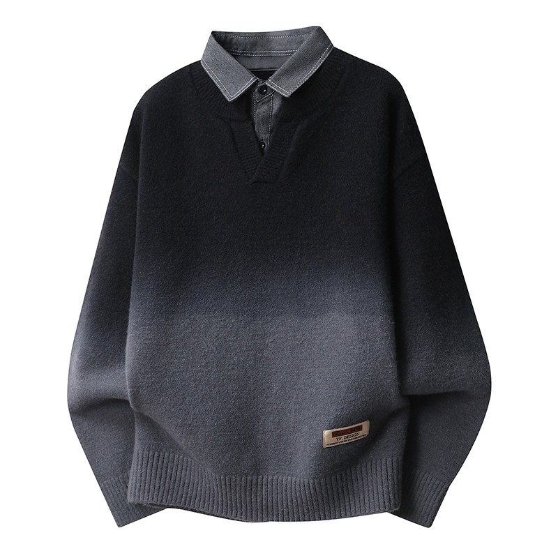渐变色衬衫领毛衣男款秋冬季保暖假两件加厚针织衫男士内搭衣