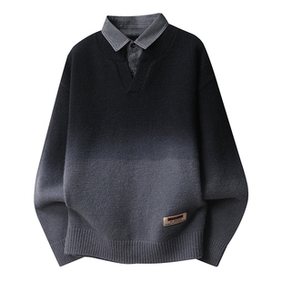 渐变色衬衫领毛衣男款秋冬季保暖假两件加厚针织衫男士内搭衣