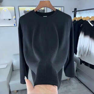 打底衫 长袖 t恤宽松休闲高档纯色内搭黑白色上衣 男士 泡泡竖纹秋季