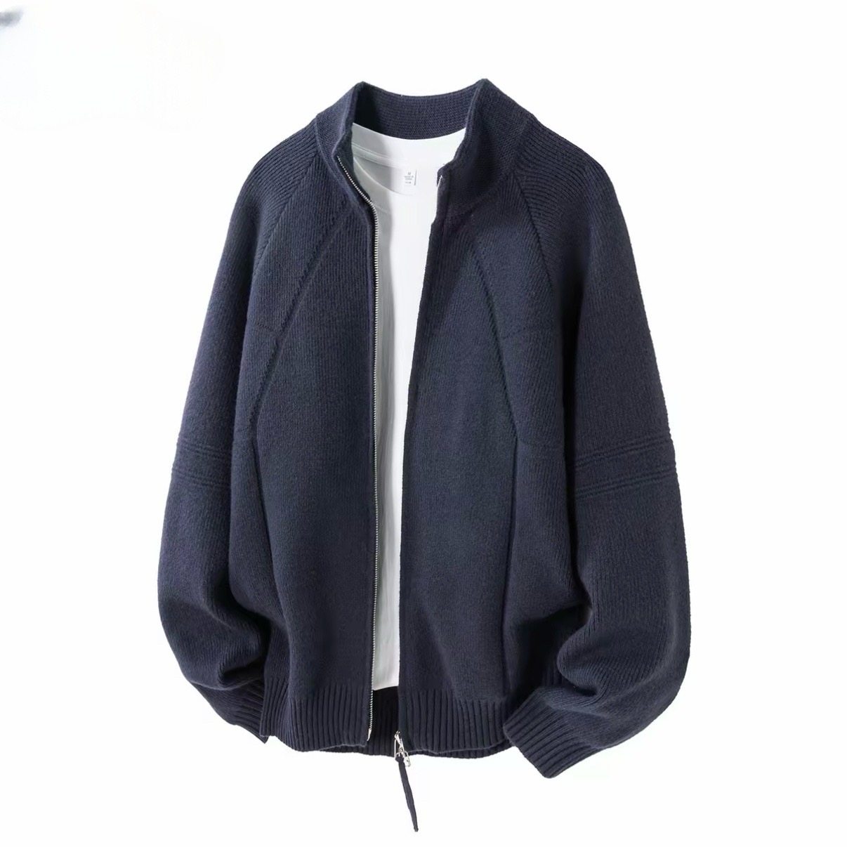 立领双拉链开衫针织毛衣外套秋冬宽松休闲百搭上衣男士