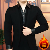 新款 假两件加绒卫衣时尚 男士 修身 冬季 长袖 帅气休闲1 黑爵绅士