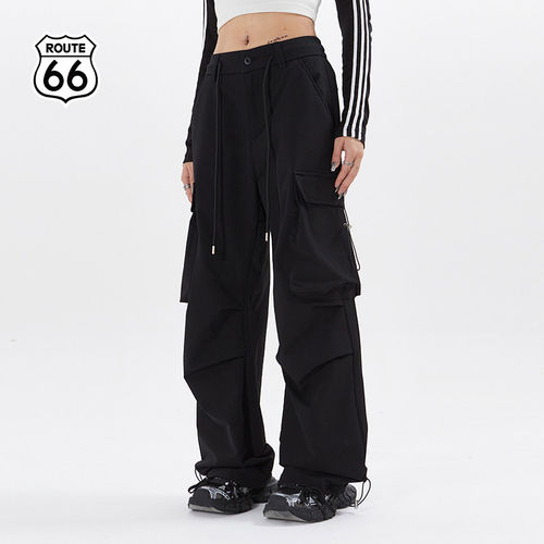 ROUTE66夏季新款工装裤女宽松直筒黑色休闲裤潮流伞兵裤冲锋裤潮