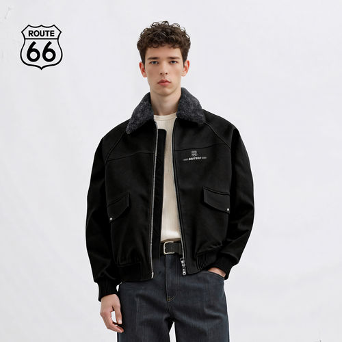 ROUTE66/66号公路白鸭绒翻领羽绒服冬季加厚PU皮夹克外套男女同款
