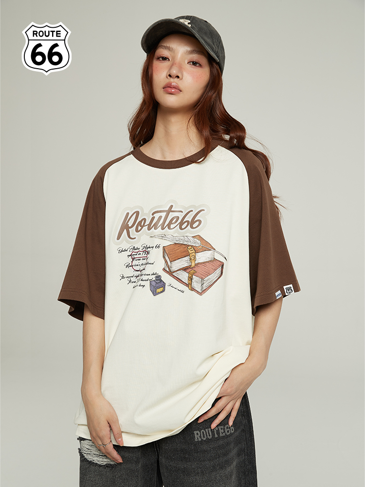 ROUTE66插肩袖新款春夏季短袖男重磅310G美式复古学院风情侣装T恤