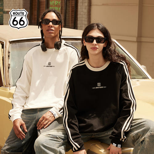 ROUTE66圆领长袖卫衣2026新款春夏美式复古情侣t恤上衣男女同款