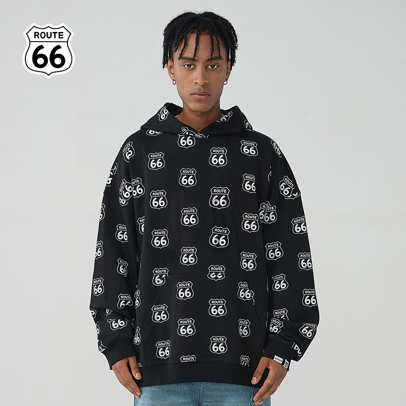 美式潮牌ROUTE66卫衣男宽松加绒