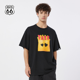 ROUTE66美式复古薯条印花圆领短袖T恤2024年夏季宽松重磅半袖上衣