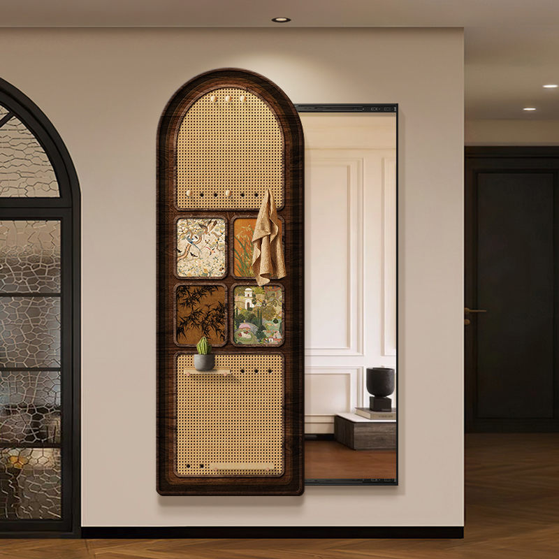 中古风竹编法式复古可推拉全身镜玄关装饰画遮挡隐形洞洞板穿衣镜