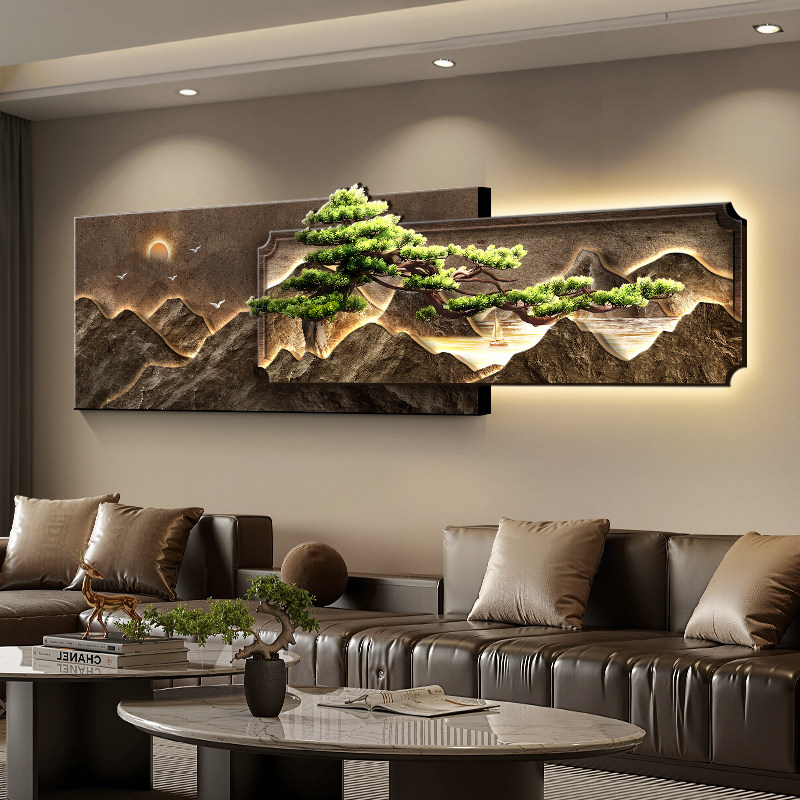 新中式背有靠山客厅装饰画 画迎客松高级感办公室山水沙发背景墙