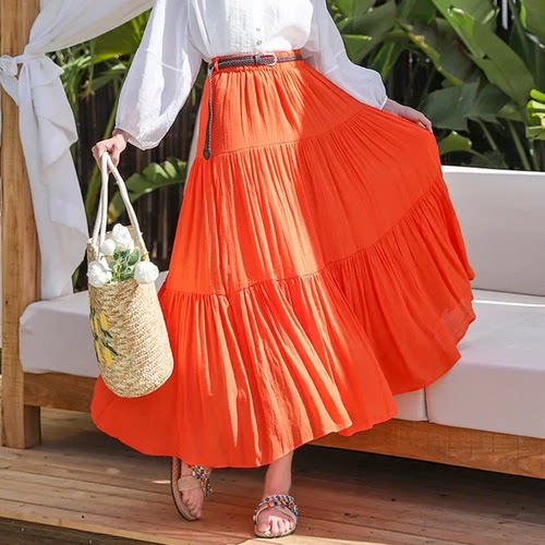 Philippine Spring Summer New Pure Color Pleated Cotton Midi