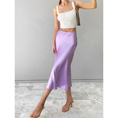 Solid Purple Satin Silk Skirt Women High Waisted Summer Long