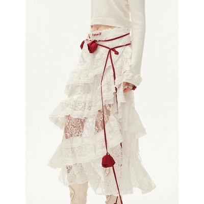 Deeptown Elegant Fairycore Lace Long Skirts Women Boho Irreg