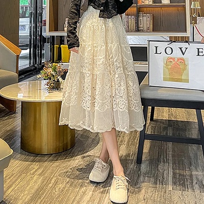 Spring Summer Vestido Floral Embroidery Lace Skirt Women Kor