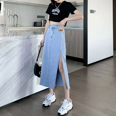 High-Waisted Denim Skirt Medium-Length 2021 Spring New Slimm