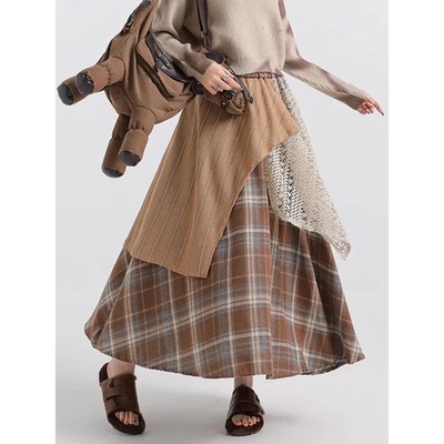 Design Vintage Plaid Long Skirts Women Korean Style Loose Hi