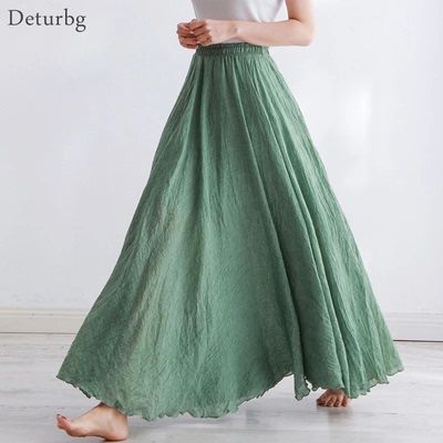 High Quality Cotton Linen Maxi Skirt Womens Casual Elastic H