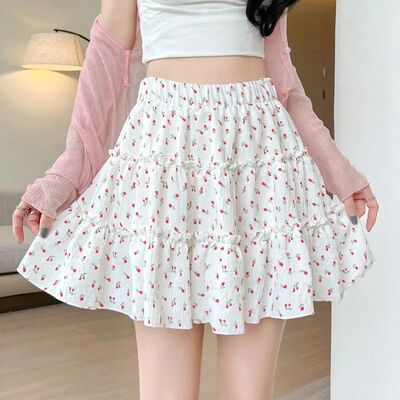 Women's Floral Mini Skirt Cute Elastic High Waist Ruffle Pat