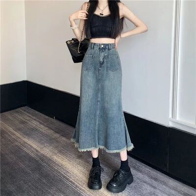 Vintagedenim Skirt Women's Spring Autumn High-Waisted Slimmi