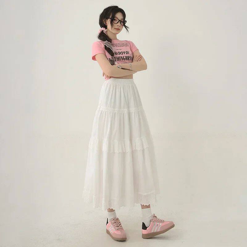 White High Waist A- Line Midi Skirt Gentle Style Lace Trim S