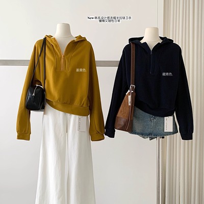 爆款小个子半拉链连帽卫衣女加厚