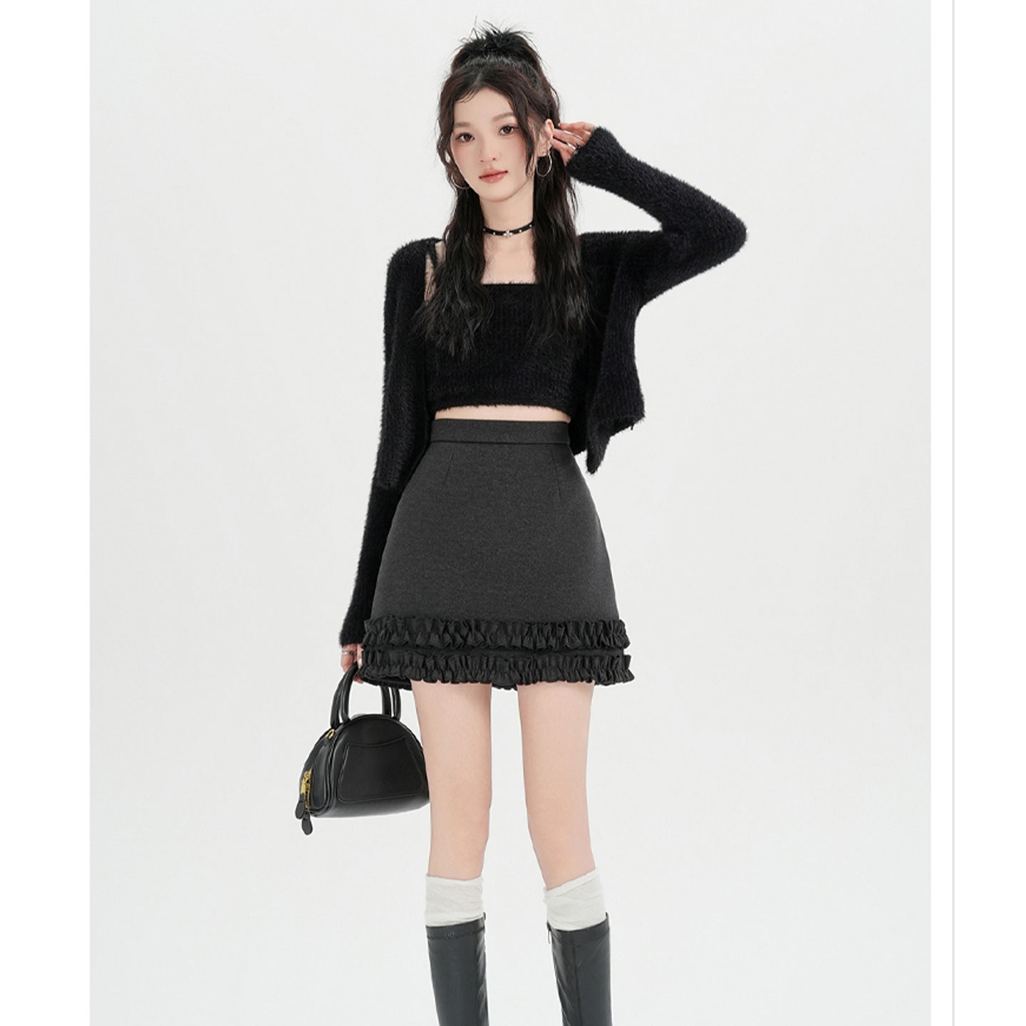 【免费退换】木耳边毛呢半身裙女