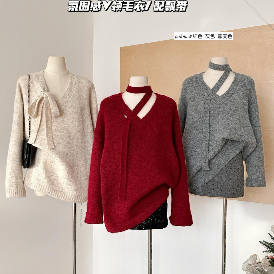 设计感系带v领挂脖红色毛衣女