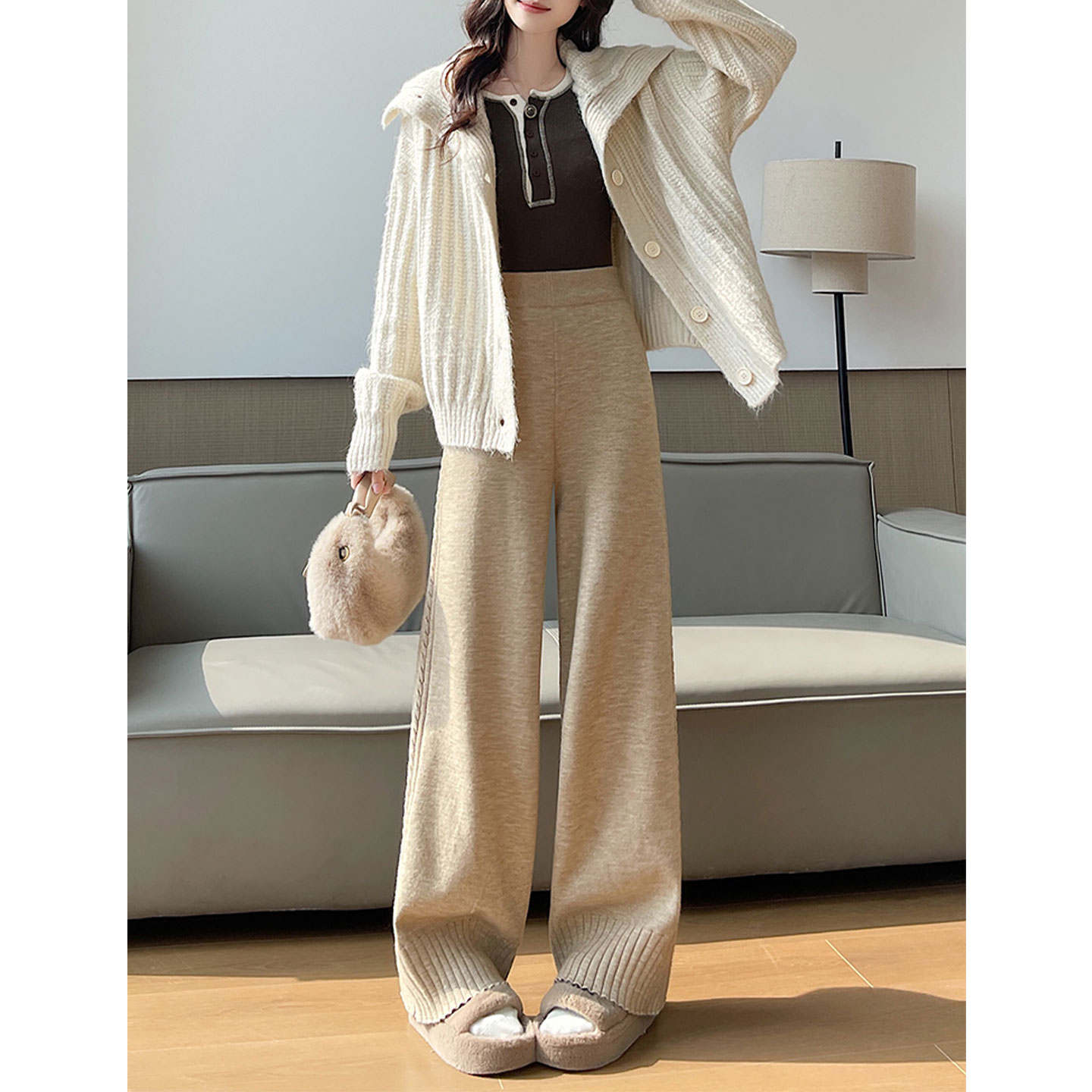 【赠运费险】灰色麻花针织阔腿裤