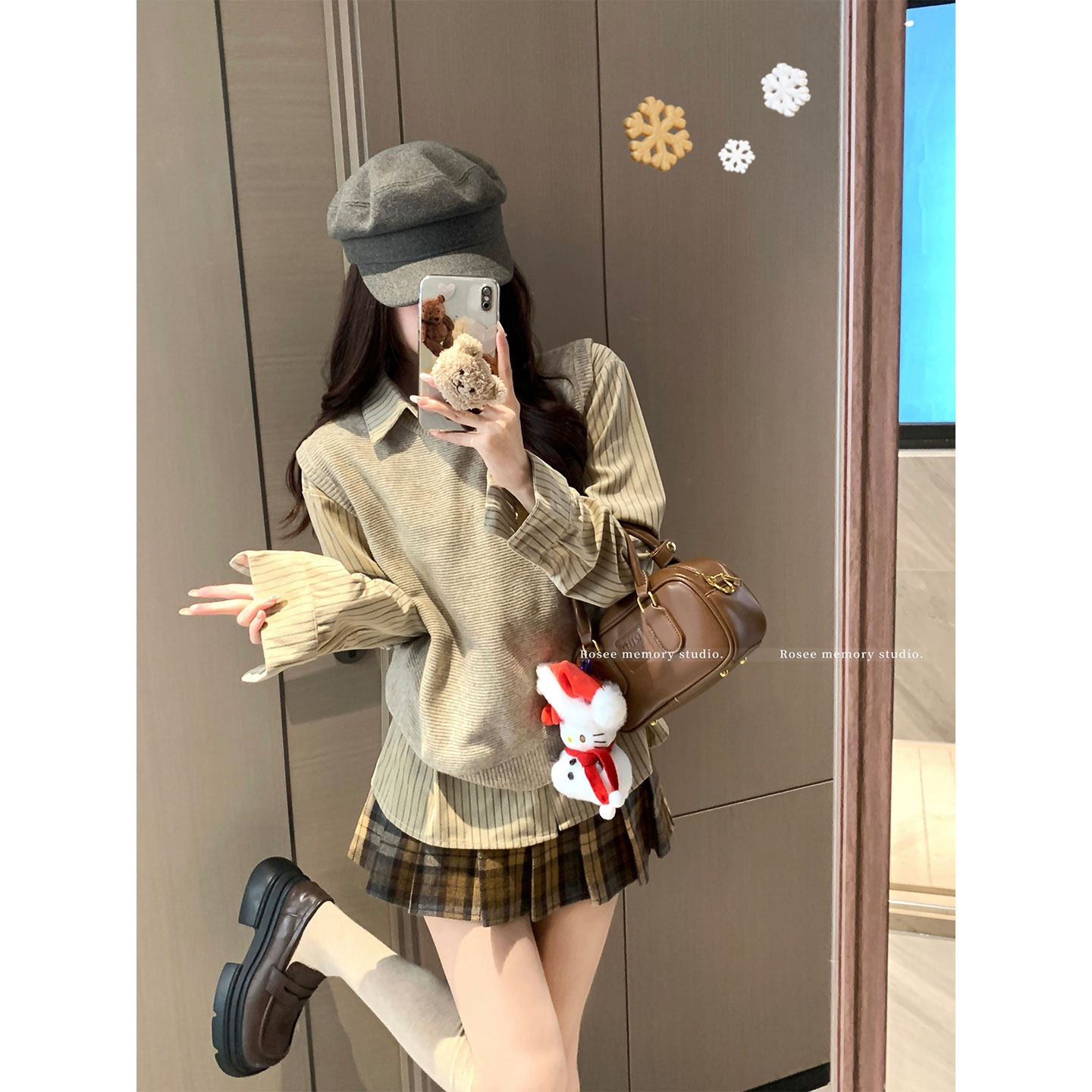 叠穿磨毛复古条纹衬衣宽松衬衫上衣+针织衫马甲+毛呢半裙春季套装