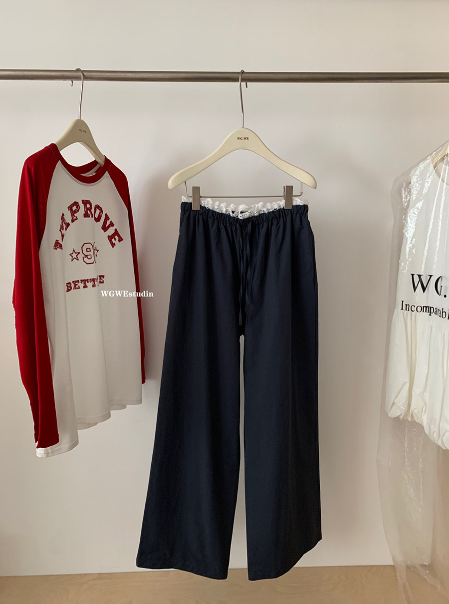 蕾丝腰头拼接花边慵懒风阔腿裤