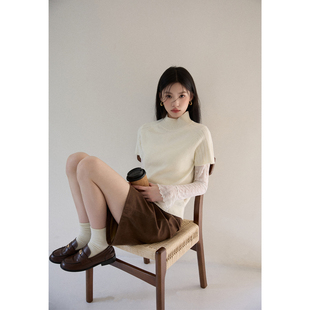 韩系半高领插肩短袖白色毛衣女2026早春慵懒高级感叠穿针织衫上衣