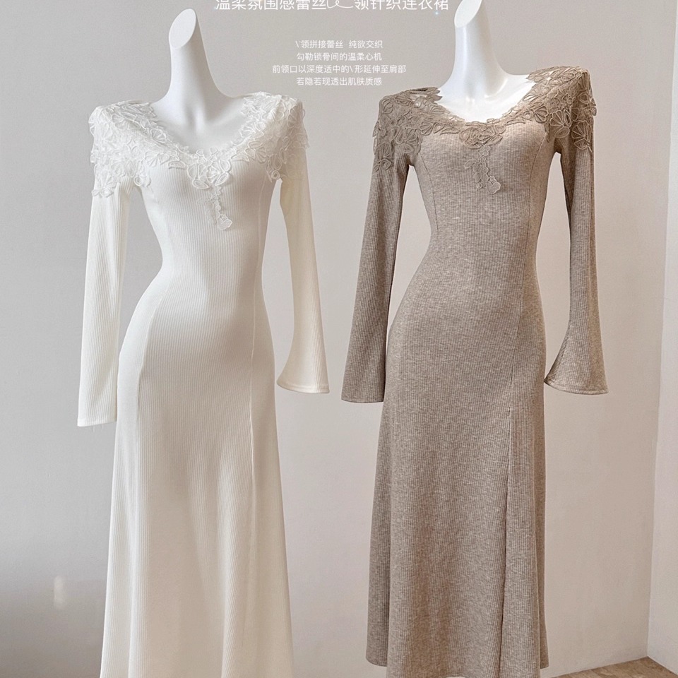 温柔氛围感蕾丝v领针织连衣裙女秋冬气质收腰显瘦内搭打底长裙子