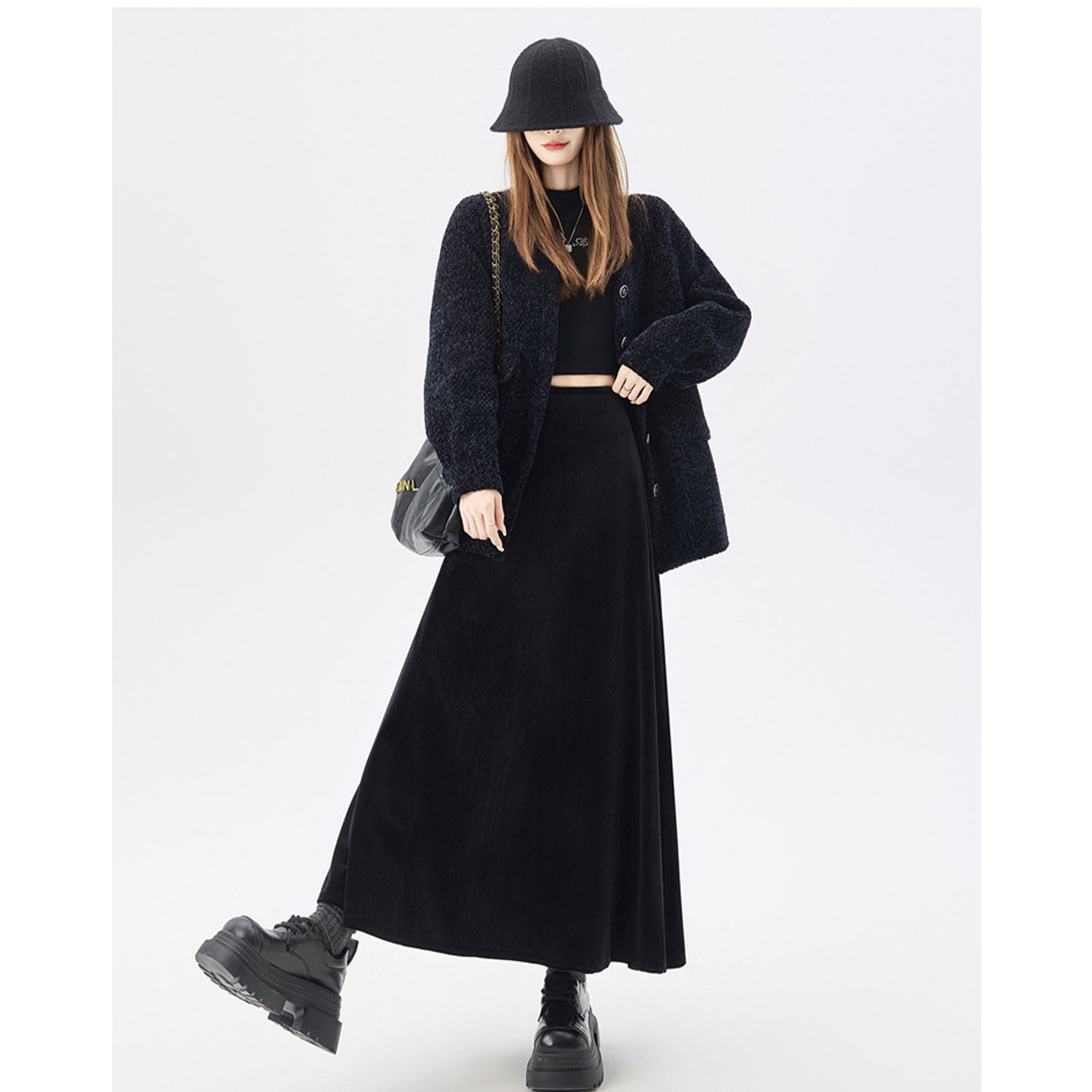 缎面黑色高腰大摆裙丝绒半身裙女秋冬新款加厚高级遮胯气质长裙子,女装/女士精品,半身裙,淘宝优惠券,粉丝福利购,淘宝优惠卷