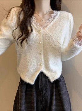 黑色蕾丝v领针织开衫女26春秋温柔软糯内搭打底衫毛衣巨好看上衣