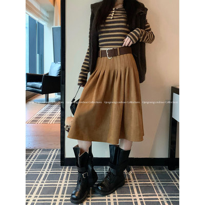 这版型真好看！棕色麂皮绒半身裙