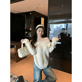 上衣女两面穿针织衫 慵懒风不规则大翻领露肩毛衣秋冬2026春季 新款