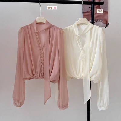 法式氛围感v领花苞雪纺飘带衬衫