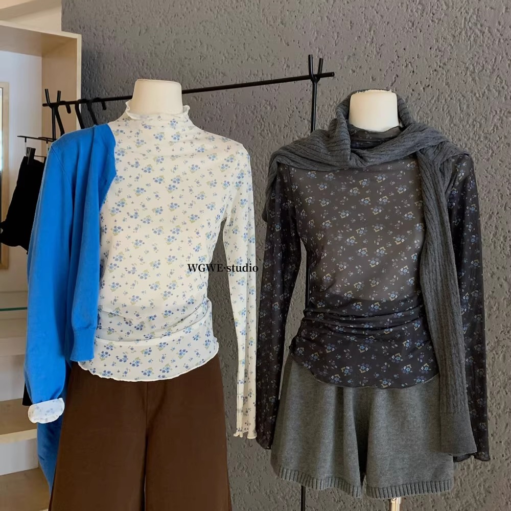 简约韩系叠穿碎花内搭蕾丝衫女秋季洋气木耳边长袖T恤气质打底衫