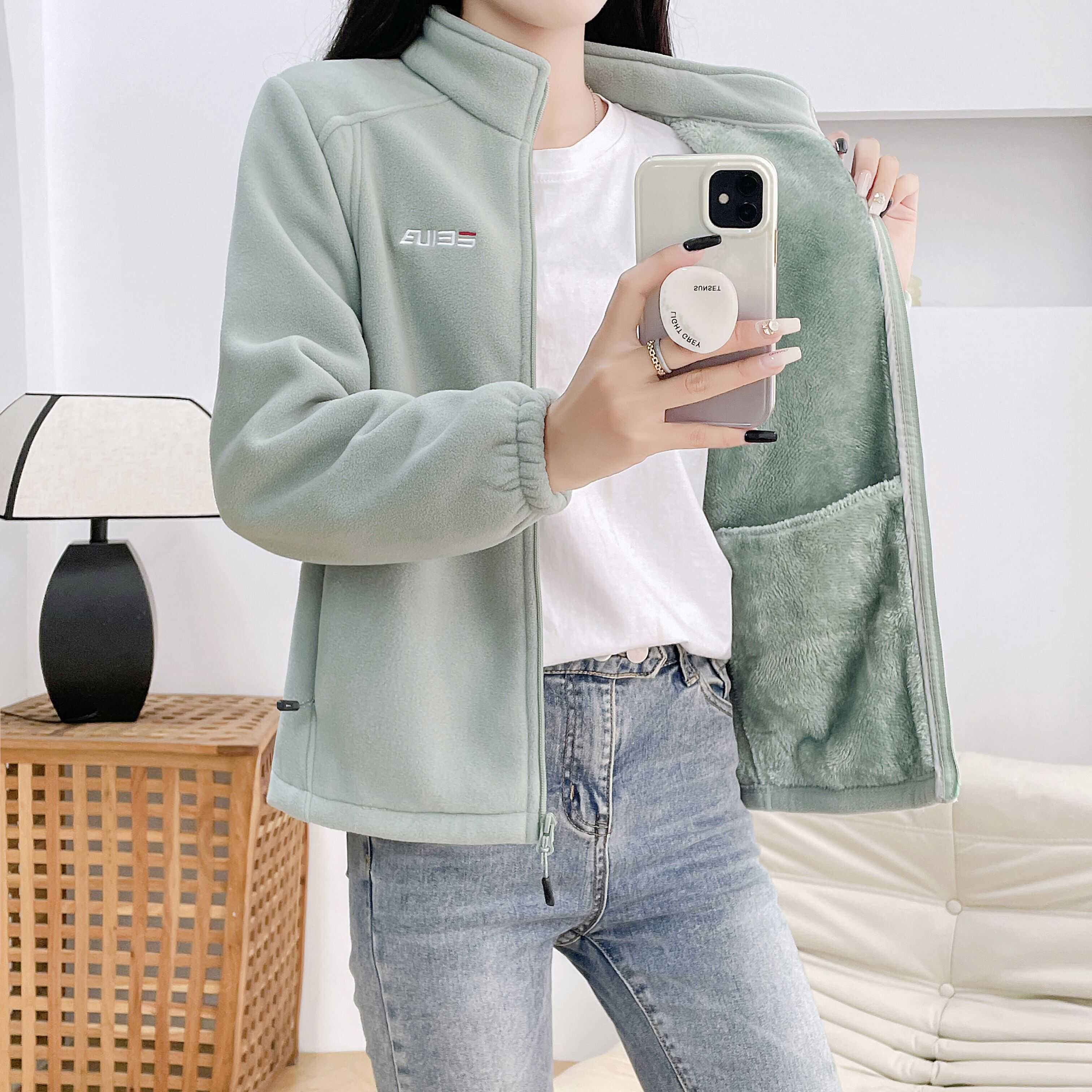 女士新加绒加厚摇粒绒春秋冬户外套防风保暖立领内胆上衣运动休闲