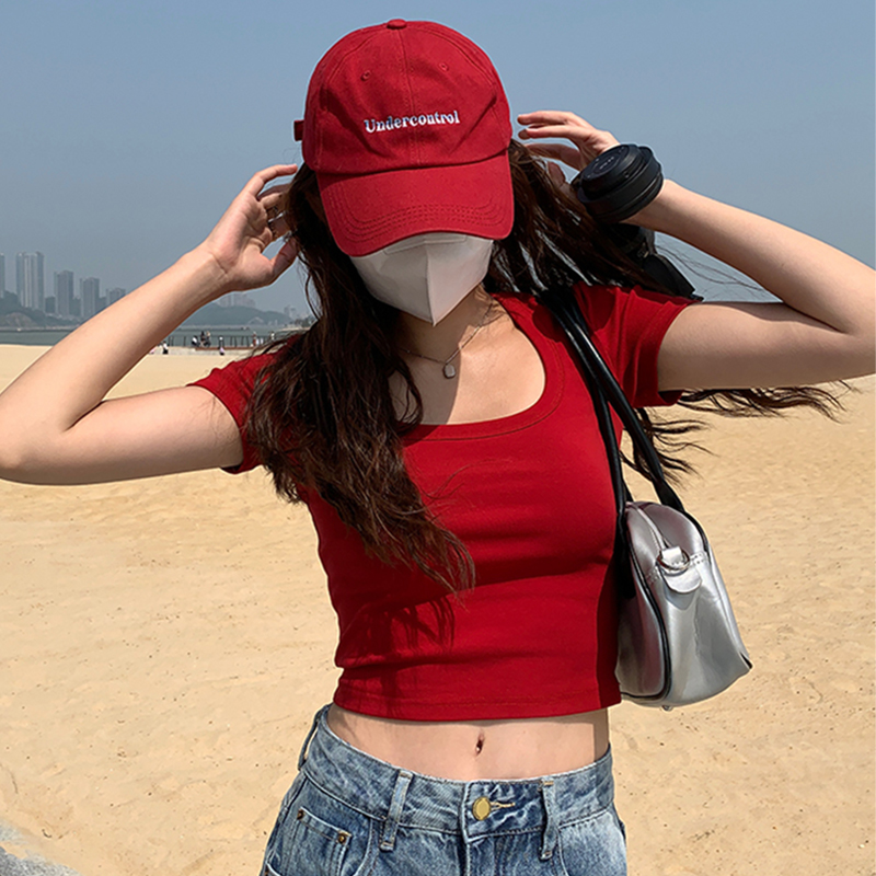 女夏新款辣妹减龄短款短袖t恤白色方领t衫女修身卡腰红色上衣纯棉