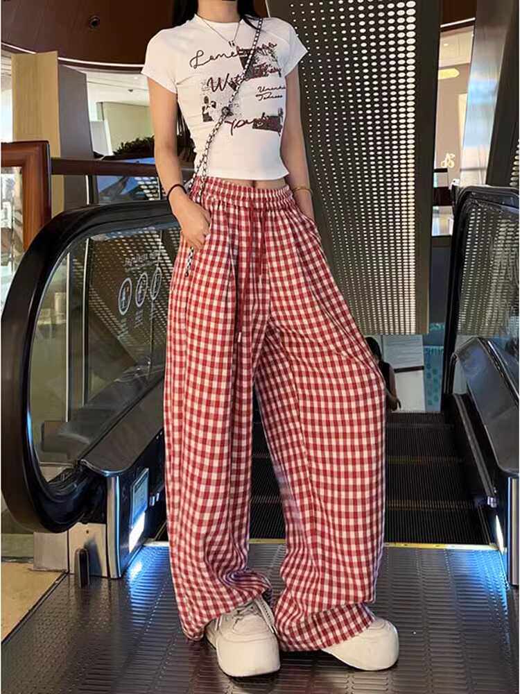 美式复古红色格子裤女夏季薄款拖地长高腰直筒阔腿酷休闲裤子潮牌