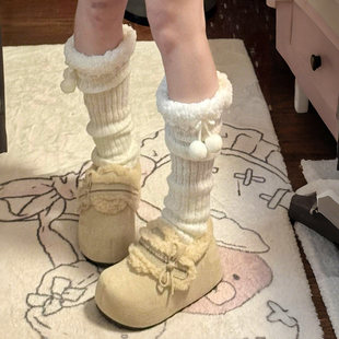 百穿不厌毛球堆堆袜配靴子毛绒腿套冬季 保暖袜套羊羔毛袜子中筒袜