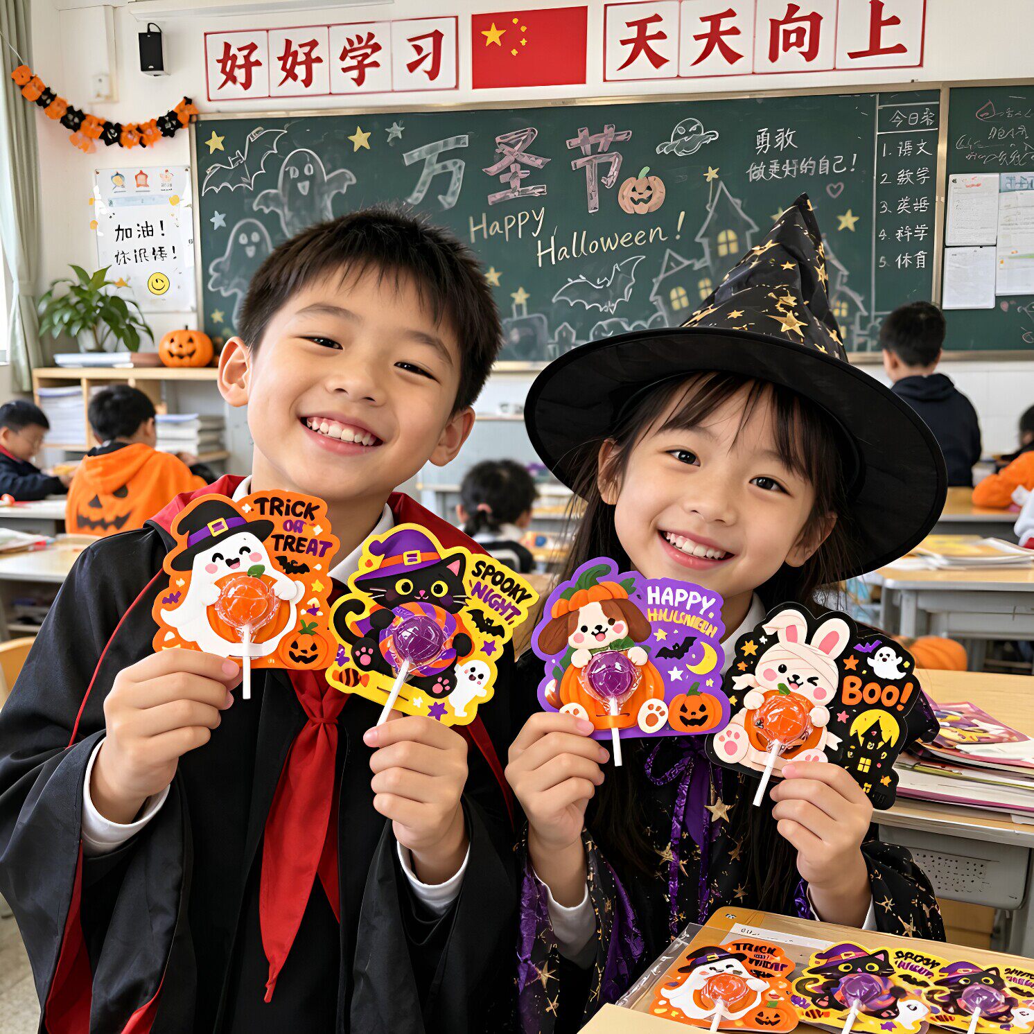卡通棒棒糖插卡万圣节装饰糖果卡片幼儿园儿童班级分享活动小礼品