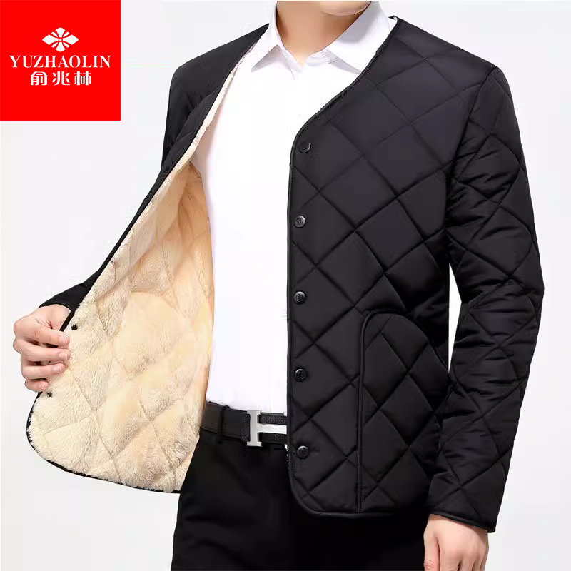 男士加绒棉服秋冬短款保暖内衣中老年加厚棉内胆爸爸装长袖内外穿