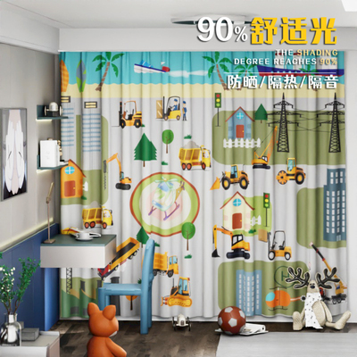 新款高铁卡通小汽车儿童房窗帘男孩免打孔安装飘窗挂钩式短款遮光