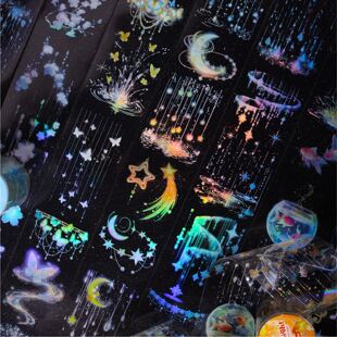 雨夜系列虹光造景防水PET胶带 闪闪星月手账DIY素材装饰循环贴画