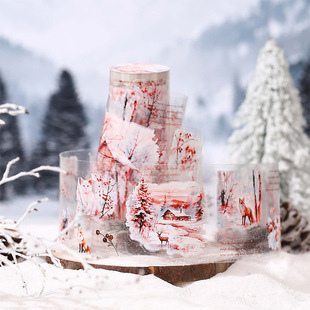 雪国森林系列PET防水胶带 冬季森林雪景主题造景手账DIY循环贴画