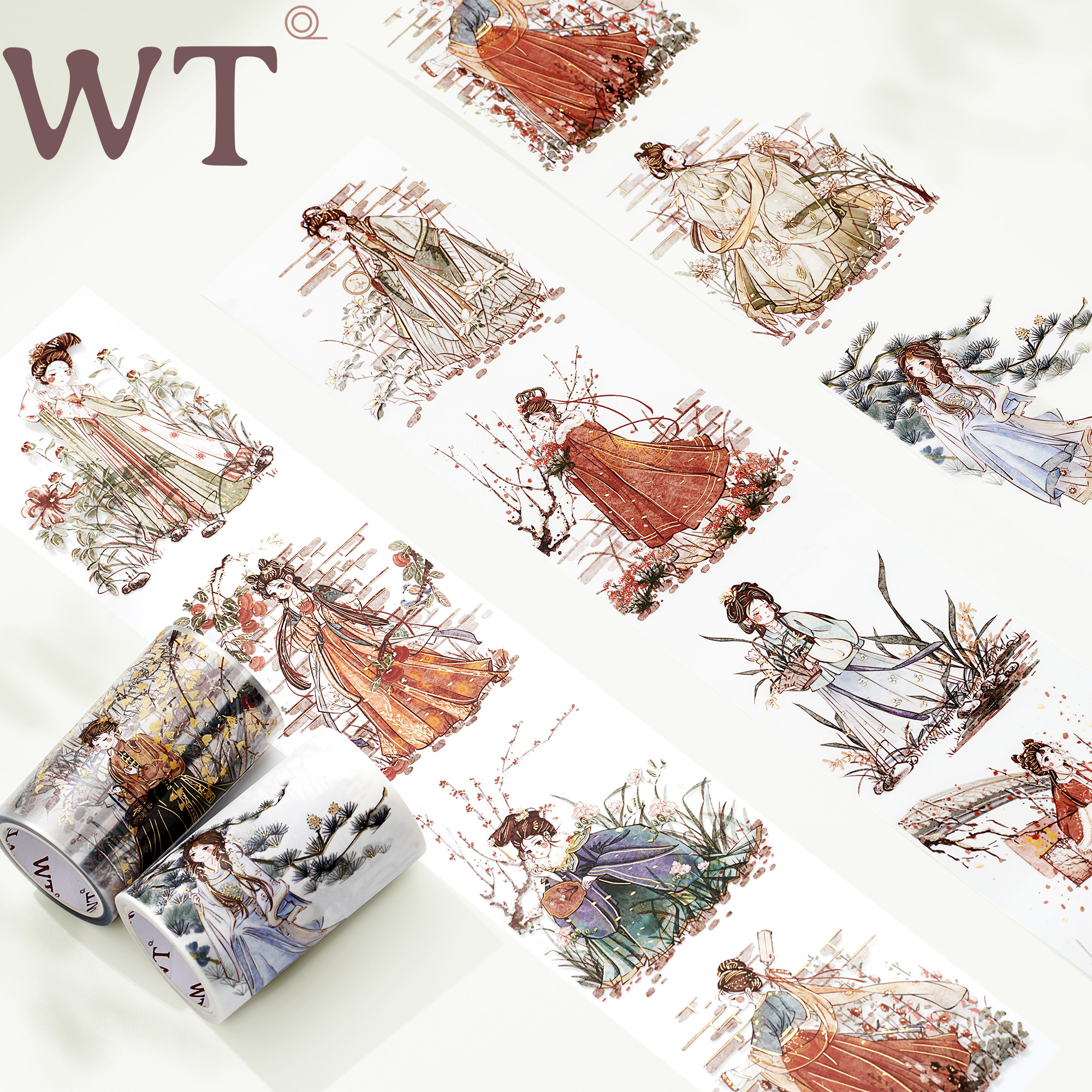 WT品牌原创胶带 月似华年系列 烫金和纸PET胶带古风设计人物女孩