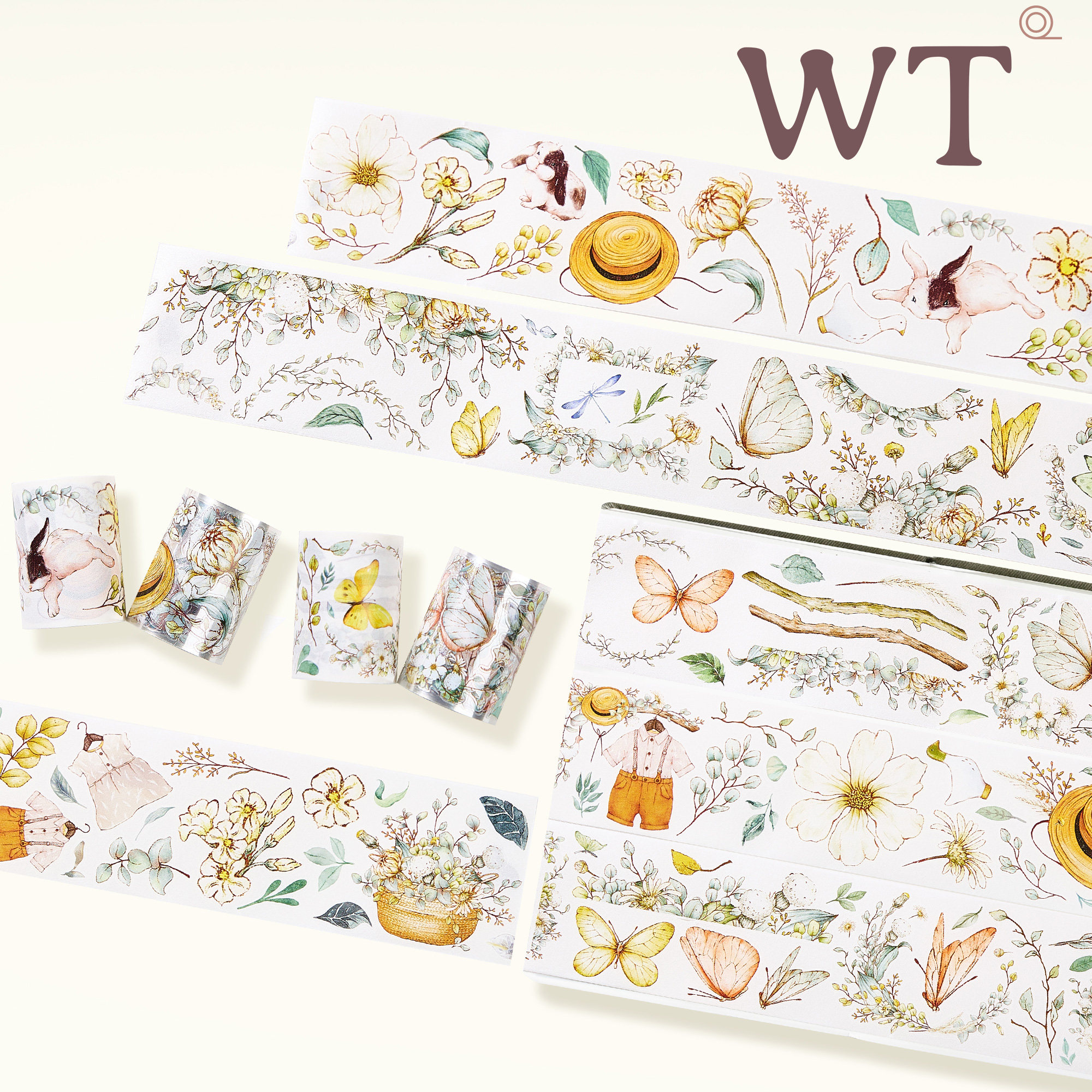 WT原创胶带 花与兔 花与蝶 花朵春日氛围模切特油和纸胶带贴纸INS